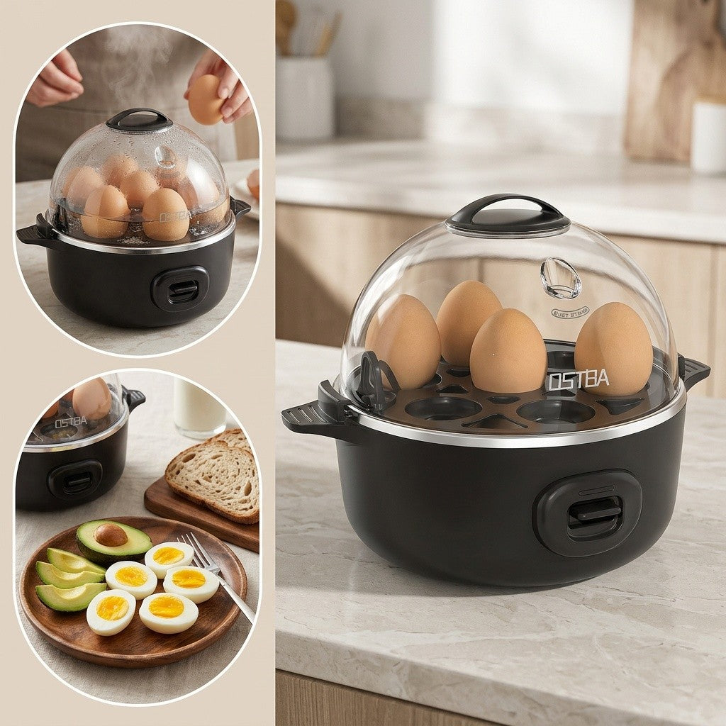 Electric Egg Cooker 7-Egg Capacity Rapid Egg Boiler with Musical Buzzer & Overheat Protection - Hard Soft Medium Boiled Eggs, Egg Poacher & Mini Food Steamer - Easy Clean, Black