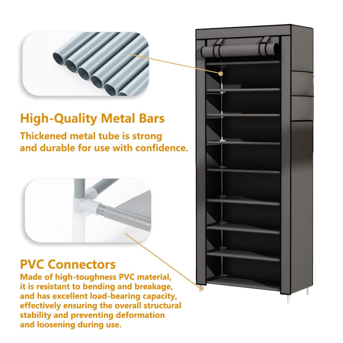 Shoe Organizer Cabinet with Cover – 6/8/10 Tier Nonwoven Fabric Shoe Storage Shelf for 27-35 Pairs, Portable Shoe Rack for Entryway, Closet, Bedroom (Dark Gray)