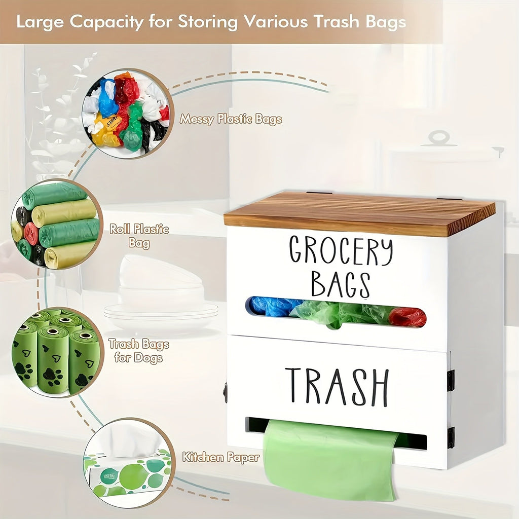 2-in-1 Wooden Garbage Bag Dispenser & Organizer - Wall-Mount or Cabinet Hanging Bag Holder for Kitchen & Bathroom, Large Capacity, White or Black
