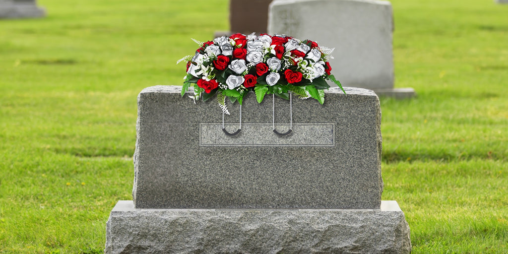 Artificial Cemetery Flowers for Grave with Saddles Silky Rose Bouquets with Vases Headstone Flower Saddle Memorial Day Outdoor Grave Headstone Decoration