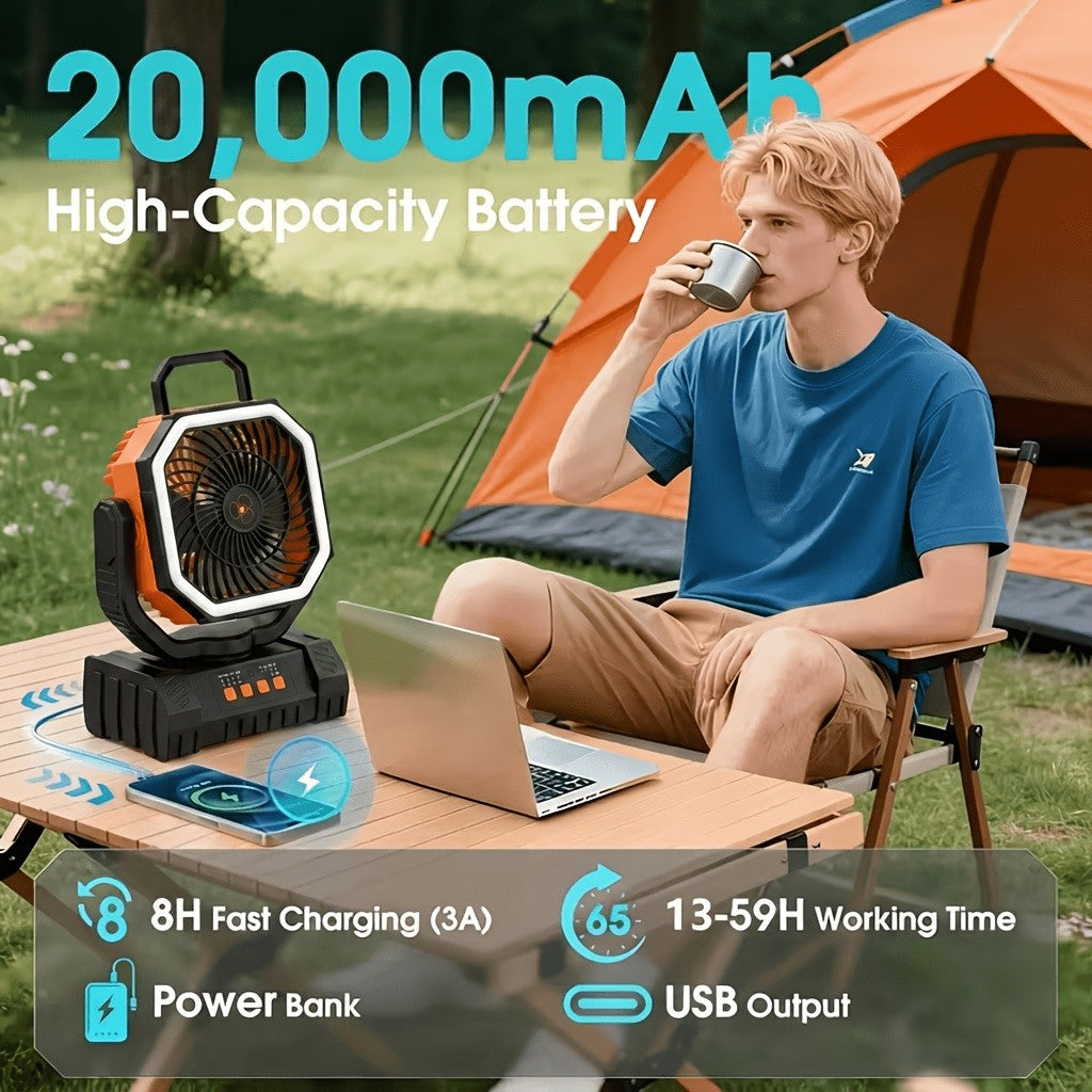 Camping Fan 20000mAh Rechargeable with LED Light, Remote Control, 270° Oscillation & Power Bank – 4 Speeds, 59-Hour Battery, 3 Use Modes