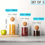 Glass Storage Jars Set of 3 Large Airtight Pantry Jars with Cork Ball Lid & Spoon – Transparent Sealed Canisters for Coffee Beans, Tea, Sugar, Spices & Candy