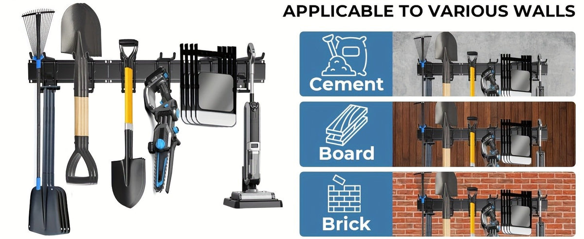 Wall Mount Garage Tool Organizer 48", Heavy Duty Steel Storage Rack with Swivel Lock Hooks, 420lbs Capacity, Holds Brooms, Shovels, Hoses & Garden Tools, Adjustable Pegboard Wall System for Garage & Shed
