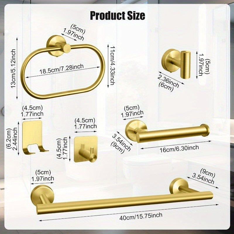 Matte Black Bathroom Hardware Set 7 Piece 304 Stainless Steel – 16" Towel Bar, Paper Holder, Towel Ring & 4 Robe Hooks Wall Mounted