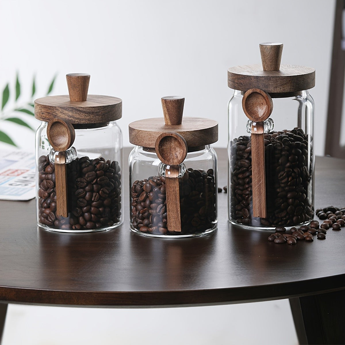 Airtight Glass Canisters Set of 3 with Spoon - Leak-Proof Kitchen Storage Jars for Coffee, Sugar, Flour & Tea, Round Glass Jars with Dark Brown Lids for Pantry & Countertop