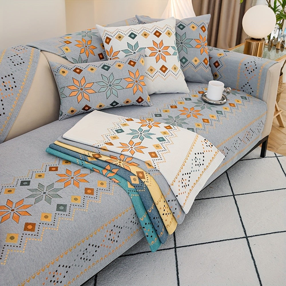 Embroidered Chenille Sofa Slipcover Bohemian Geometric Floral Pattern | Non-Slip Machine Washable Couch Cover for 1-2-3-4 Seater with Armrest & Pillow Cover Options, 6 Colors