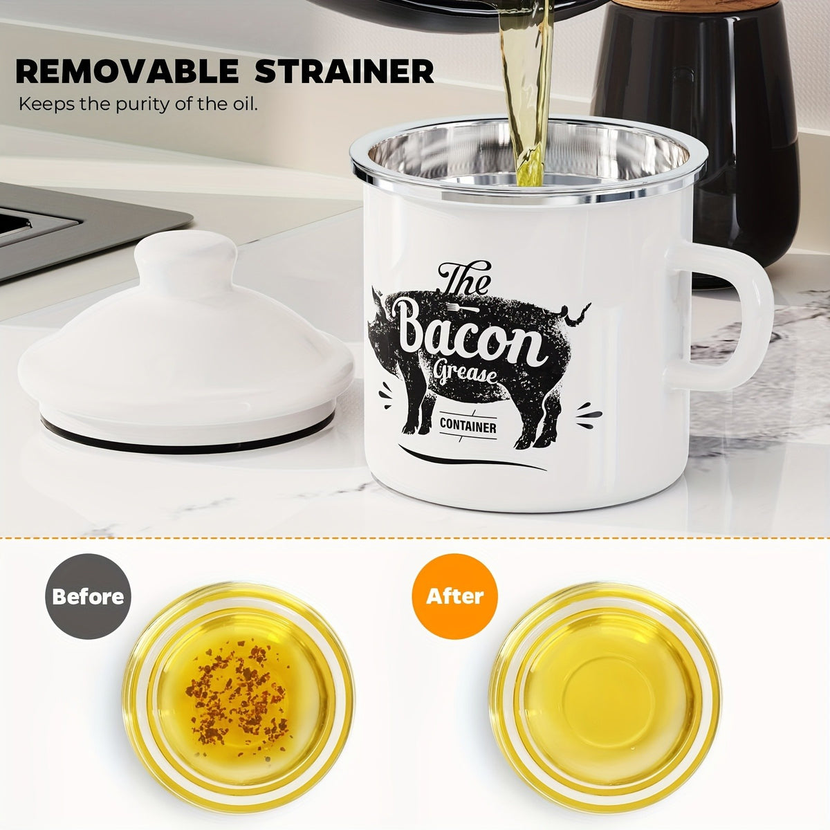 Stainless Steel Grease Container with Strainer and Spoon 15oz Cooking Oil Storage Jar Kitchen Essential Christmas Gift