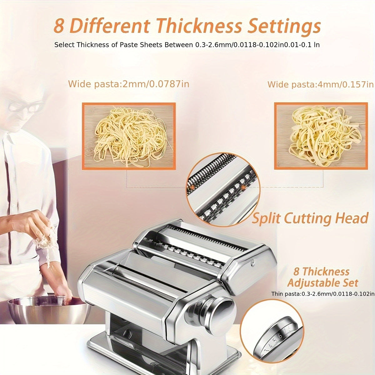 2-in-1 Pasta Maker Machine with Roller & Cutter - 8 Adjustable Thickness Settings, Makes Spaghetti, Fettuccine, Lasagna & Dumpling Wrappers