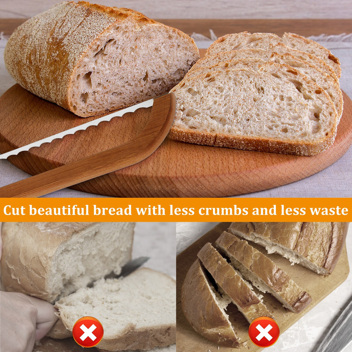 Serrated Bread Knife with Bamboo Handle - 15.7 Inch Stainless Steel Bagel Slicer for Sourdough, Baguettes and Homemade Loaves - Sharp Bread Cutter for Bakers and Home Kitchens