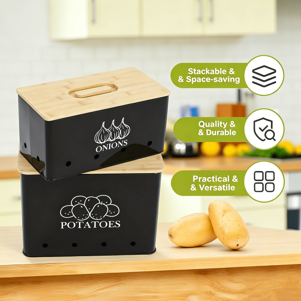 Potato and Onion Storage Bin 2-Pack Large Metal Kitchen Canisters with Bamboo Lid Flip Top for Vegetable Pantry Organization – Green Grey Black White