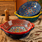 Bohemian Ceramic Salad Bowl 12 Inch with Dual Handles Large Capacity Microwave Safe Dishwasher Safe Oven Proof Porcelain Serving Bowl