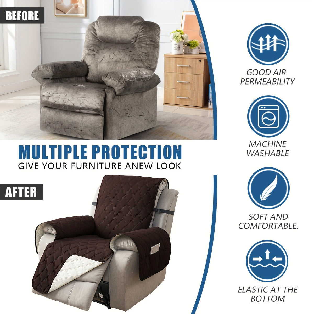 Quilted Recliner Sofa Cover Anti-Slip Wear-Resistant 4-Layer Fabric Dual Side Pockets Machine Washable Pet Home Bedroom Living Room 10 Colors 2 Sizes