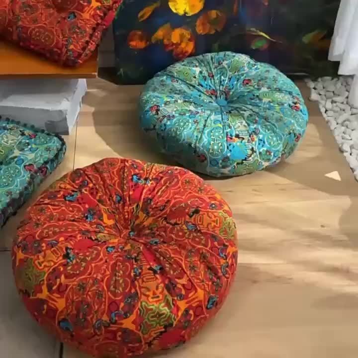 Round Bohemian Floor Cushion Pumpkin Tatami Seat Pad | Large Thickened Vintage Throw Pillow for Bedroom Chair Meditation, Orange Blue