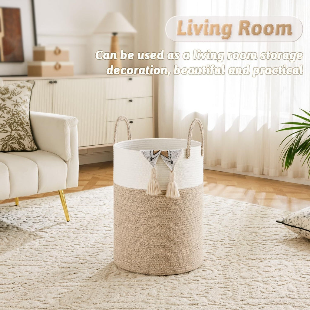 Collapsible Woven Rope Laundry Basket & Hamper - 4 Sizes (12-26 Gal), Cotton Rope Storage Basket for Dirty Clothes, Blankets & Toys, Boho Bathroom Nursery & Living Room Decor