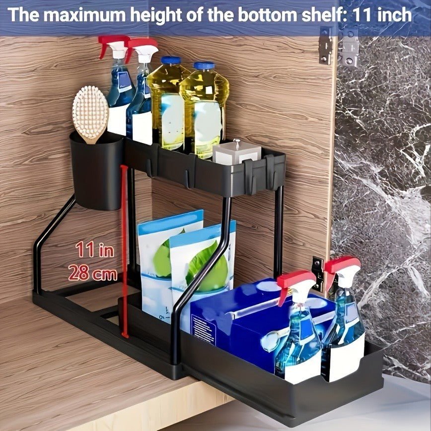 Under Sink Organizer 2-Tier Sliding Cabinet Basket with Hooks – Bathroom Kitchen Under Sink Storage Shelf Rack Organizer