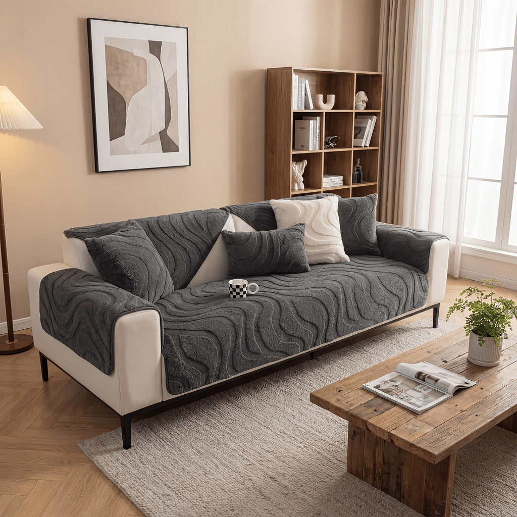 Velvet Sofa Cover Non-Slip Washable Plush Couch Slipcover Pet Friendly Thick Padded Furniture Protector 1 2 3 4 5 Seat Living Room Bedroom