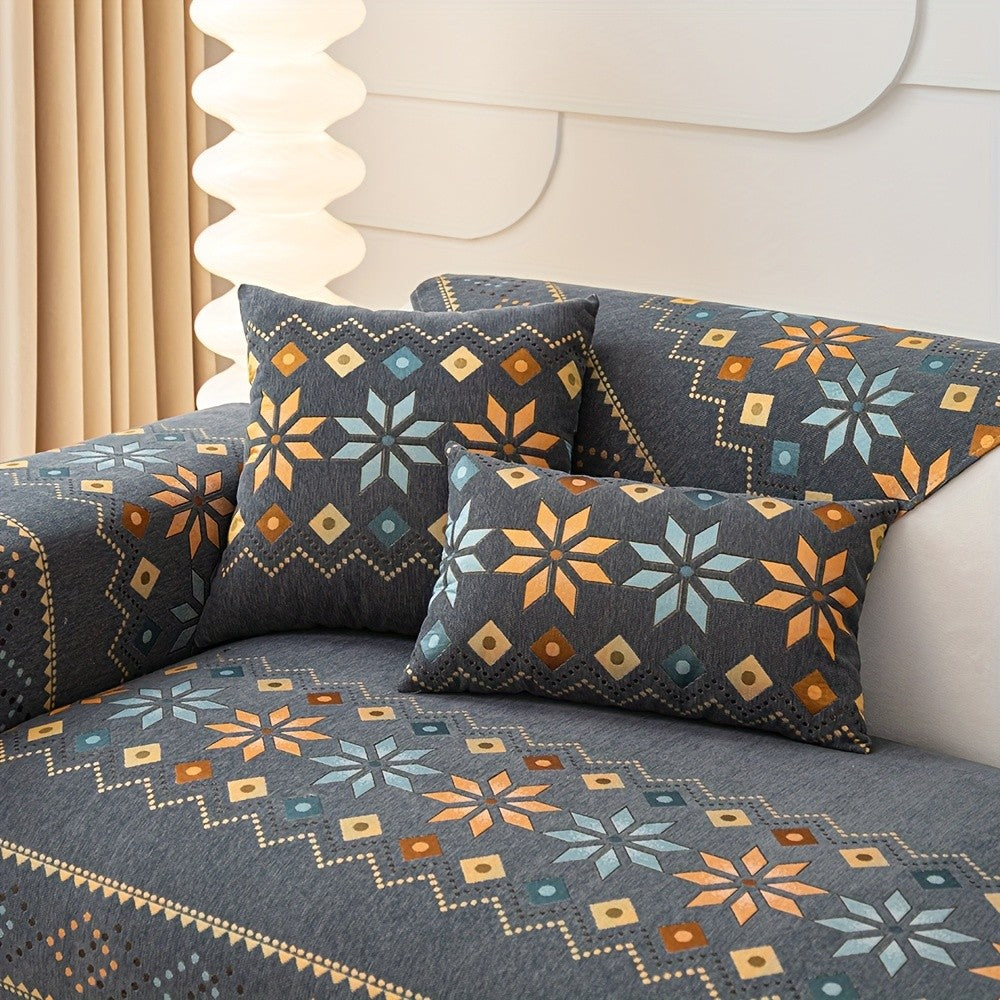 Embroidered Chenille Sofa Slipcover Bohemian Geometric Floral Pattern | Non-Slip Machine Washable Couch Cover for 1-2-3-4 Seater with Armrest & Pillow Cover Options, 6 Colors