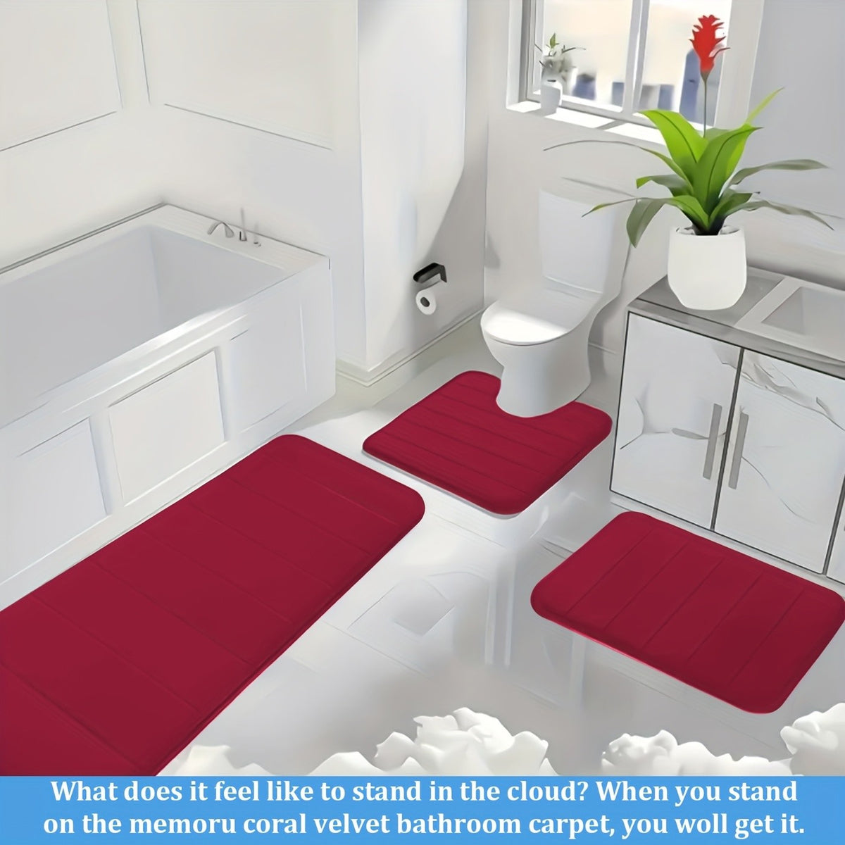 Plush Memory Foam Bath Mat Set 3 Piece – Soft Non-Slip Fast Absorbent Machine Washable Thickened Bath Rug for Bathroom, Shower, Kitchen & Bedroom – 9 Colors