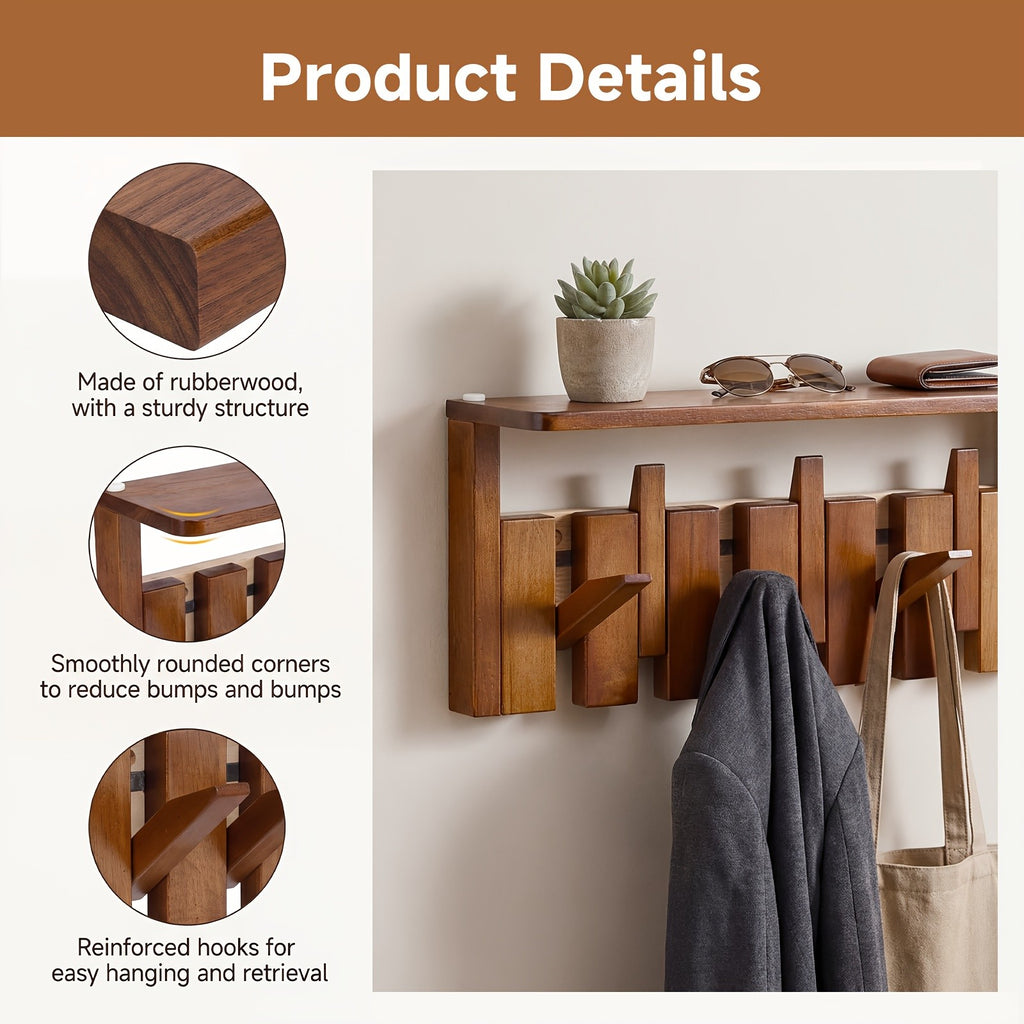 Wall Mounted Coat Rack Foldable Hooks Solid Rubberwood 6 or 8 Hooks 22 lbs Capacity Floating Shelf Dual Installation Drilling or Adhesive for Entryway Bedroom Bathroom Living Room