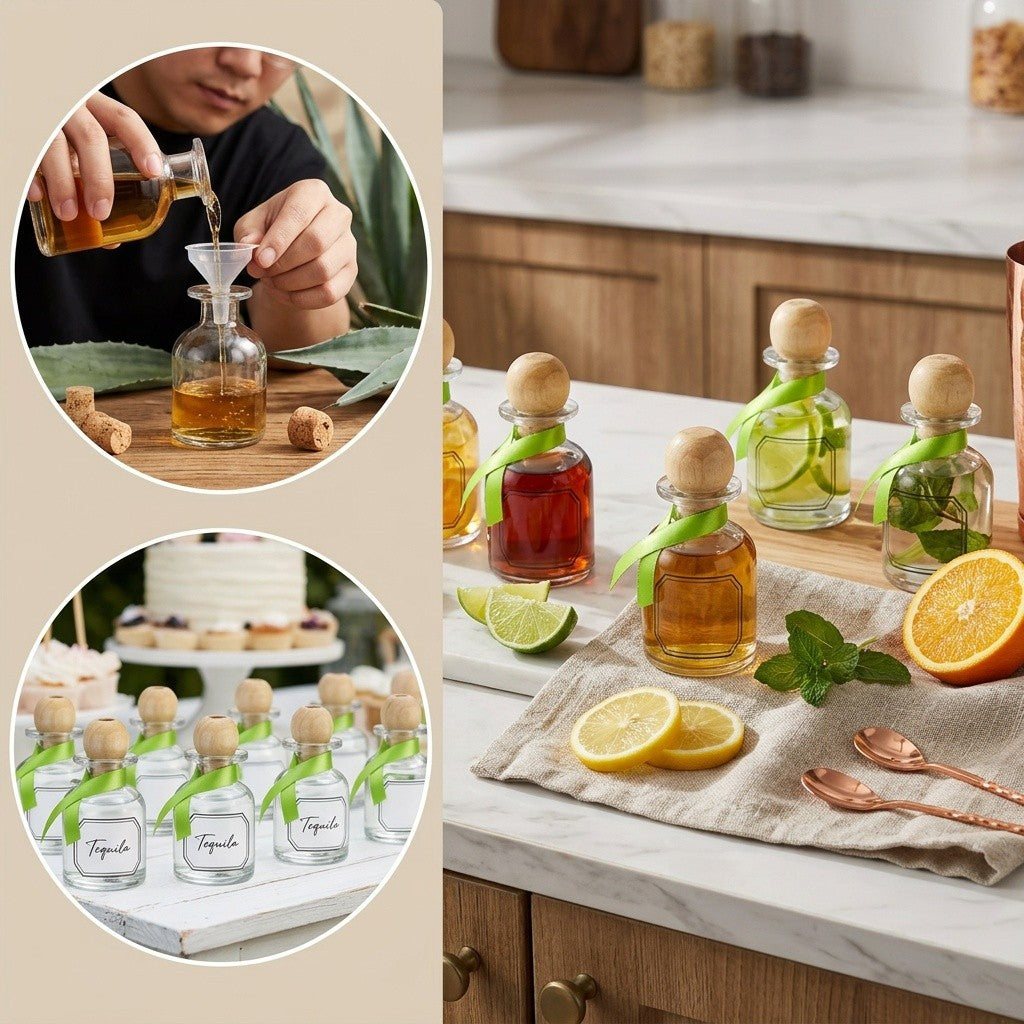 Mini Shot Glass Bottles 24pcs with Cork & Straw - 1.7oz 50ml Clear Glass Patron-Style Bottles with Ribbon, Reusable Party Favors for Wedding, Bridal Shower & Celebrations