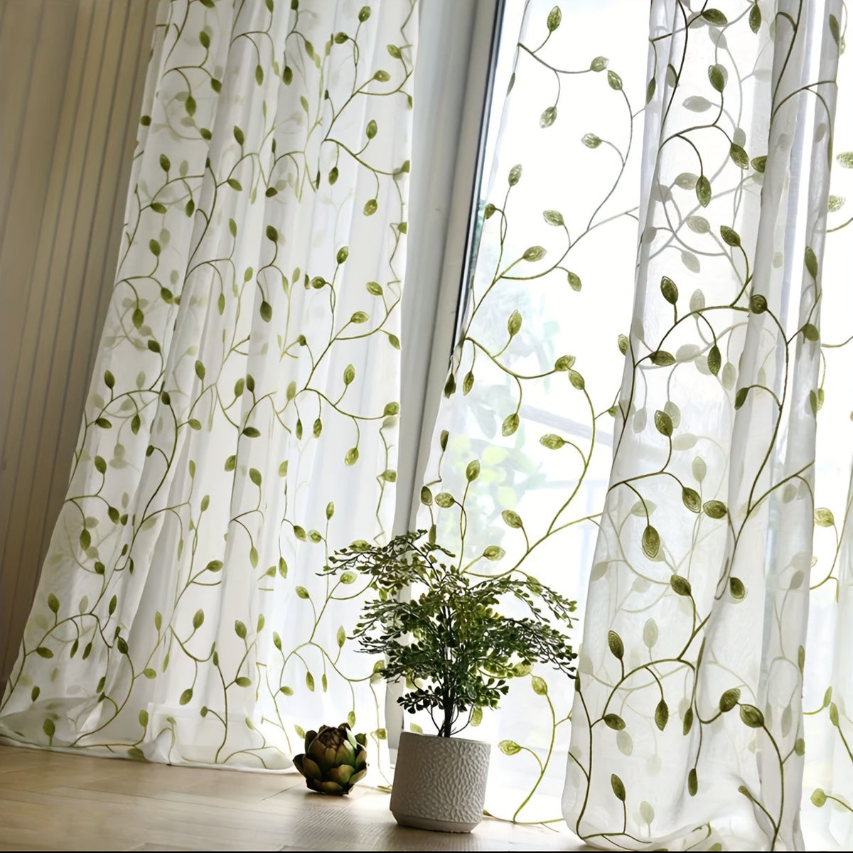 Ivy Leaf Embroidery Sheer Curtains Set of 2, White Gauze Green Botanical Rod Pocket Panels for Living Room Bedroom, 3 Sizes