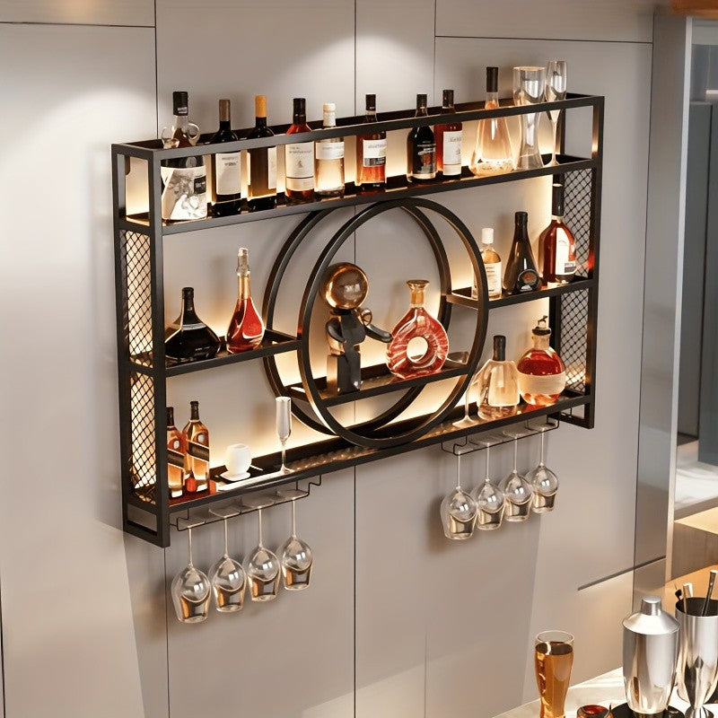 39 Inch Wall Mounted Bottle Rack with LED Lighting – 3 Tier Wine Glass Holder Floating Bar Shelf in Gold or Black for Kitchen Living Room & Home Bar