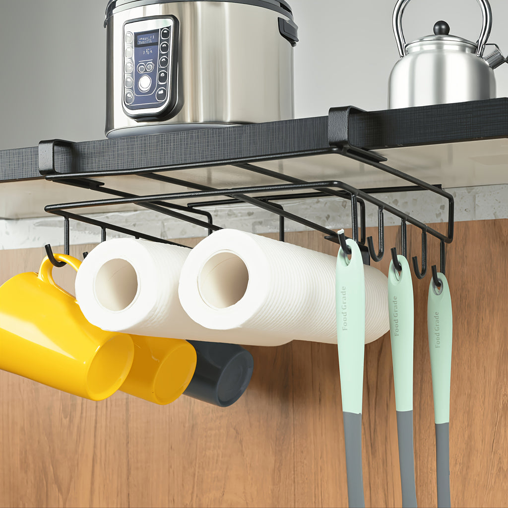 Under Cabinet Cutting Board Rack No-Drill – Carbon Steel Chopping Board Holder with Double-Row Hooks for Kitchen Utensils, Paper Towels & Spatulas | Multi-Use Under-Cabinet Storage Organizer