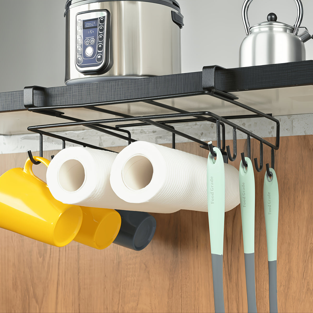 Under Cabinet Cutting Board Rack No-Drill – Carbon Steel Chopping Board Holder with Double-Row Hooks for Kitchen Utensils, Paper Towels & Spatulas | Multi-Use Under-Cabinet Storage Organizer