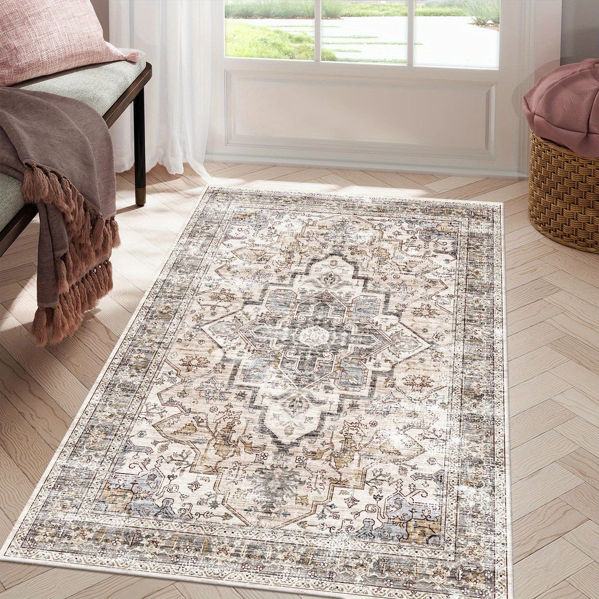 Bohemian Area Rug Washable Ultra-Soft Non-Slip Retro Foldable Living Room Bedroom Rug Beige Grey 4x6 5x7 6x9 8x10 9x12