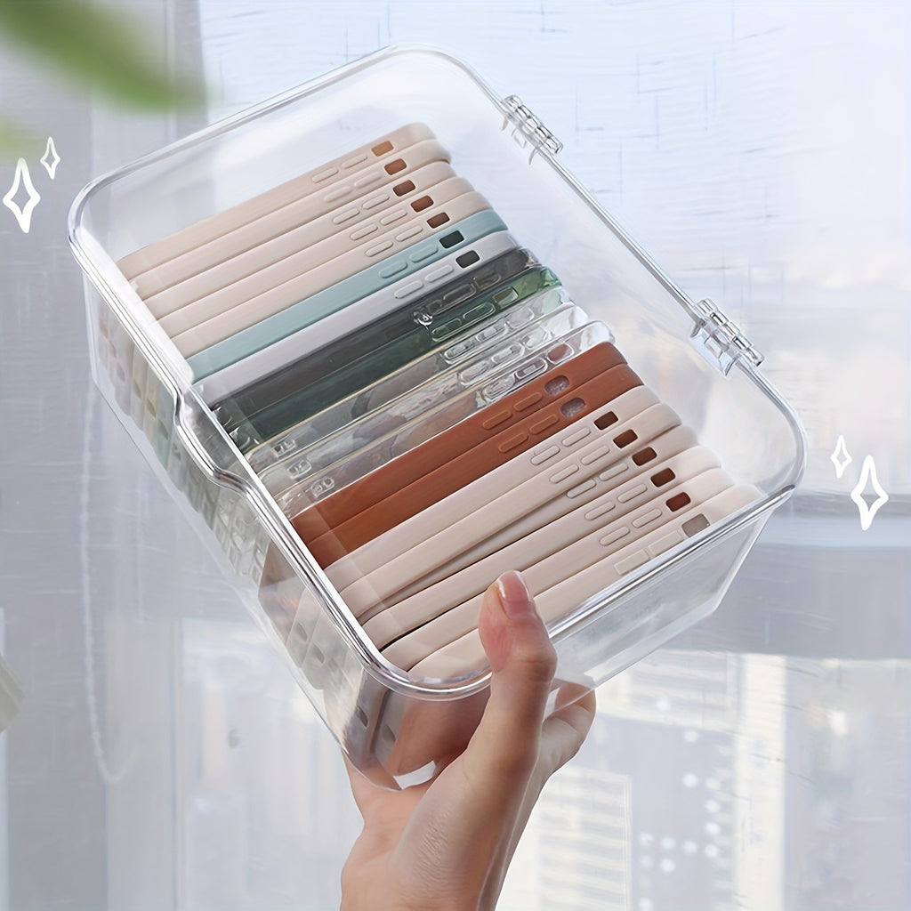Acrylic Clear Desktop Storage Box with Lid – Smartphone Case Holder & Desk Drawer Organizer for Home Office Accessories, Storage Bins for Home Organization
