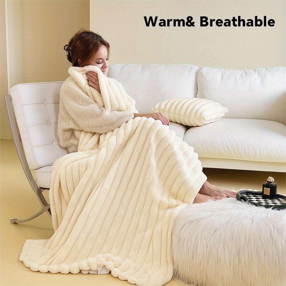 Luxury Faux Rabbit Hair Blanket – Soft Warm Wide Stripe Double-Sided Throw | Machine Washable | Twin, Full, Queen & King | Khaki, Cream, Gray, Black