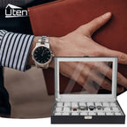 24-Slot Watch Box Organizer with Large Glass Lid & Key Lock, Faux Leather Watch Display Case for Men & Women, Tabletop Jewelry Storage Box for Watches, Wristwatch Collection Gift
