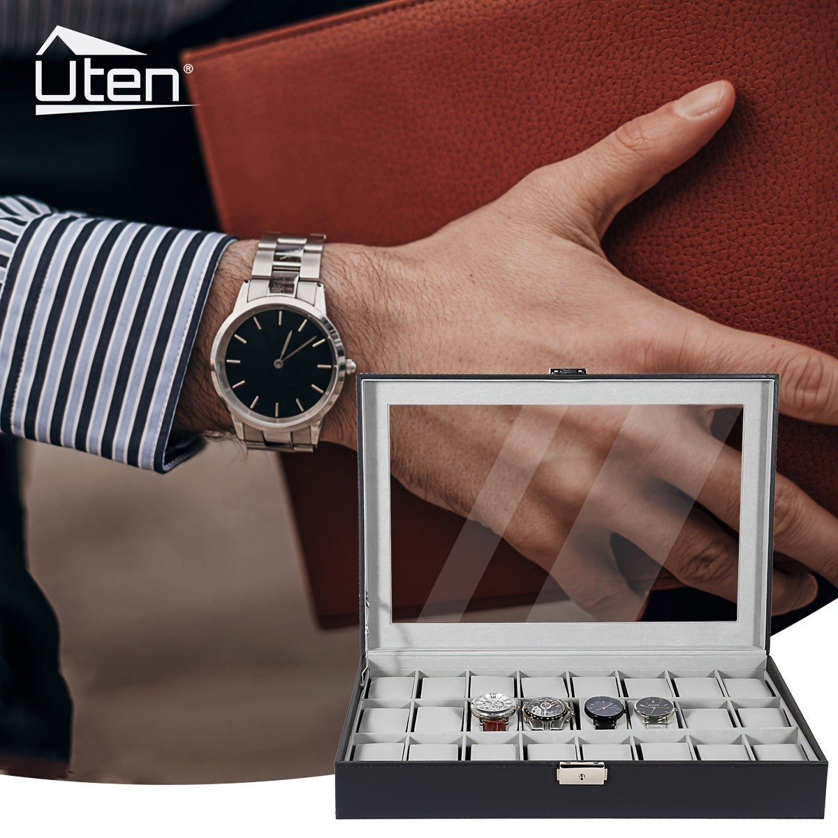 24-Slot Watch Box Organizer with Large Glass Lid & Key Lock, Faux Leather Watch Display Case for Men & Women, Tabletop Jewelry Storage Box for Watches, Wristwatch Collection Gift