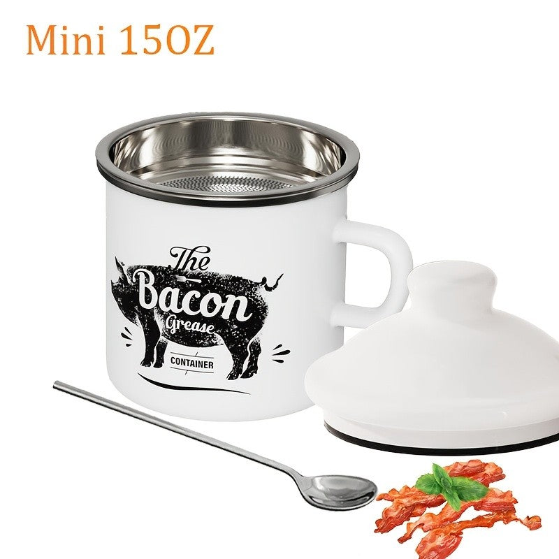 Stainless Steel Grease Container with Strainer and Spoon 15oz Cooking Oil Storage Jar Kitchen Essential Christmas Gift