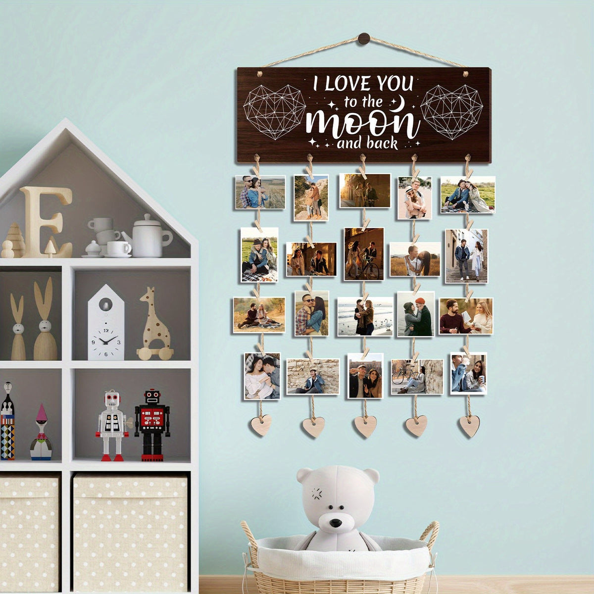 Wooden Hanging Photo Frame "I Love You to the Moon and Back" with 20 Clips, 6 Hemp Ropes & 5 Heart Tags – Romantic Wall Decor Picture Holder Gift for Couples, Anniversary, Wedding, Valentine’s Day & Christmas