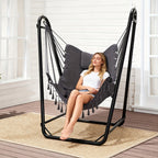 U-Shaped Hammock Chair Stand Double Tube Steel 350 lbs Capacity Rust-Resistant Powder Coat Indoor Outdoor Hanging Lounge Chair with Side Pocket Free Grey Swing
