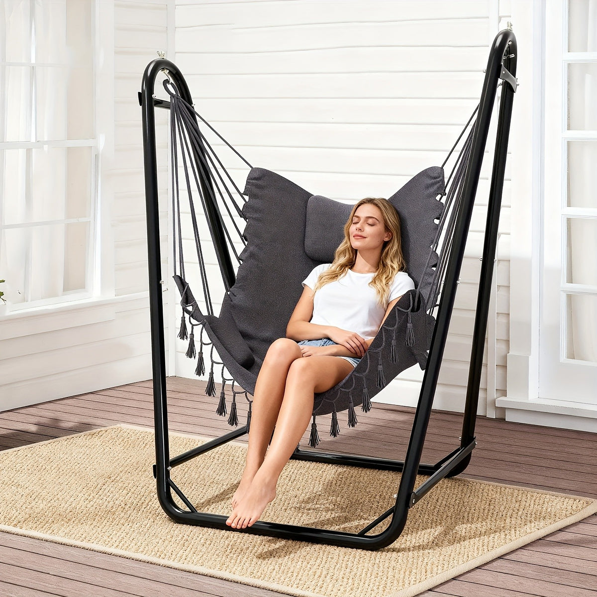 U-Shaped Hammock Chair Stand Double Tube Steel 350 lbs Capacity Rust-Resistant Powder Coat Indoor Outdoor Hanging Lounge Chair with Side Pocket Free Grey Swing