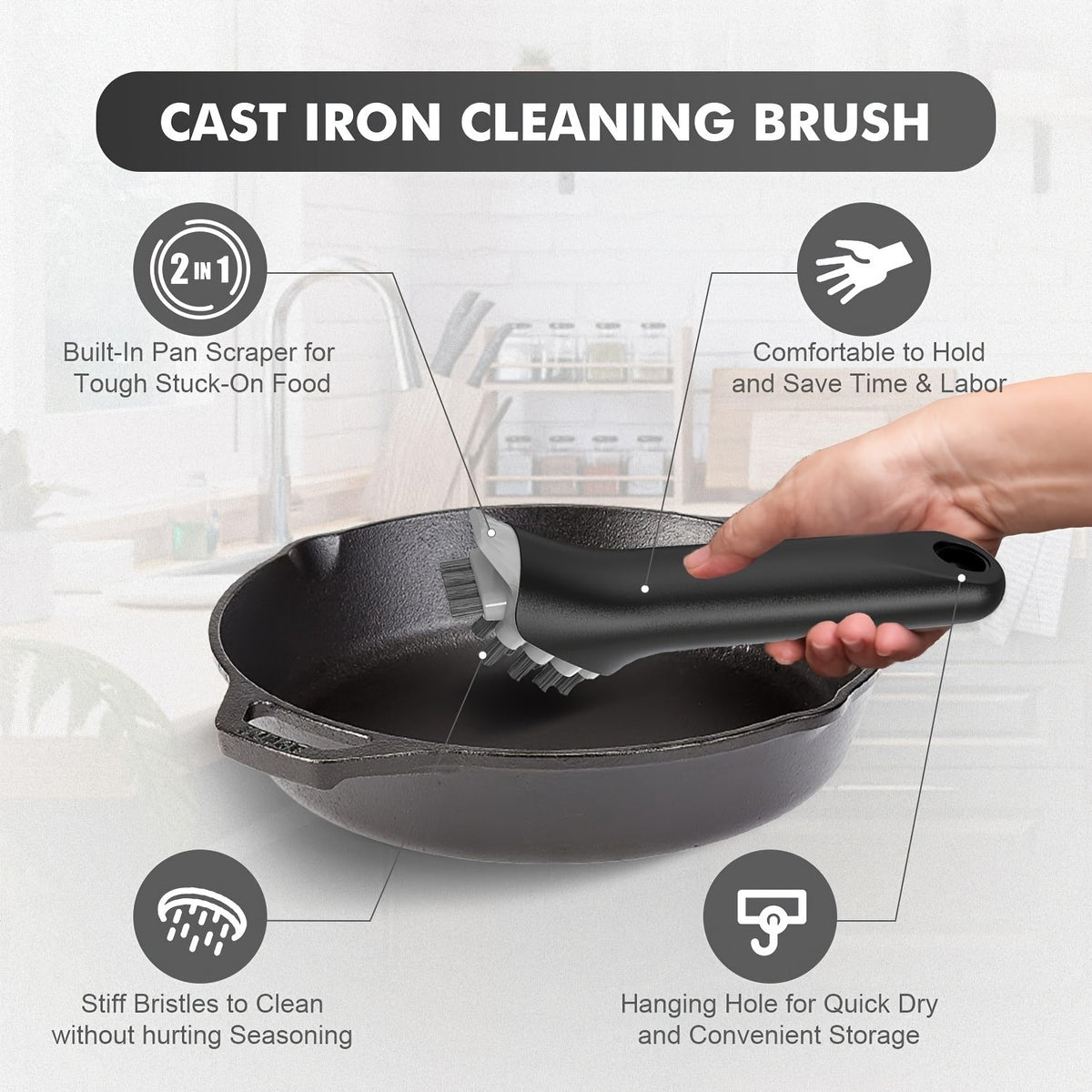 Cast Iron Cleaning Kit with 316 Stainless Steel Chainmail Scrubber – Cleaning Brush, Pan & Grill Scrapers for Skillet, Wok, Grill & Pre-Seasoned Cookware, Ergonomic Cast Iron Care Set