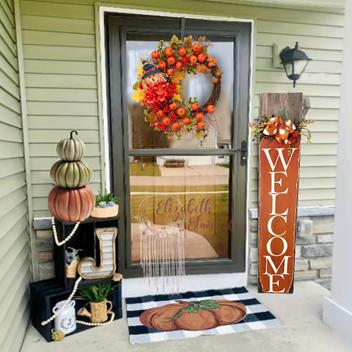 Fall Thanksgiving Wreath Decor – Pumpkin Leaves Floral Doll Autumn Wreath for Front Door, Indoor & Outdoor Walls, Windows, Family & Holiday Party, Christmas Winter Home Decor