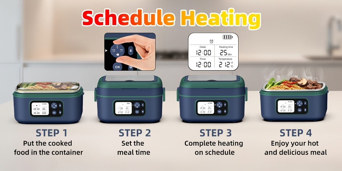 Cordless Electric Heating Lunch Box 1.5L/50.72oz - 304 Stainless Steel, 24000mAh Rechargeable Battery, Adjustable Temp & Timer, Office Picnic Car Travel, Fork Spoon Divider Included, Black White Yellow Blue