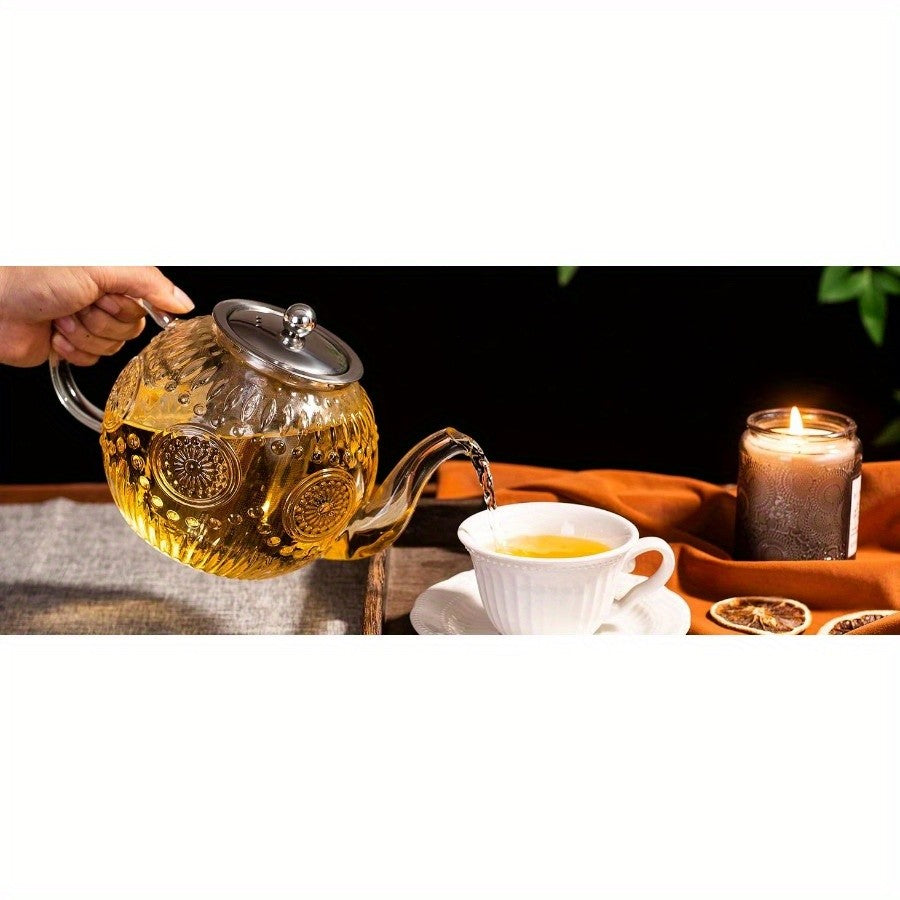 Vintage Glass Teapot with Removable Infuser 50oz 1500ml Stovetop Safe Borosilicate Tea Kettle for Blooming Loose Leaf Herbal Tea Sunflower Relief Design