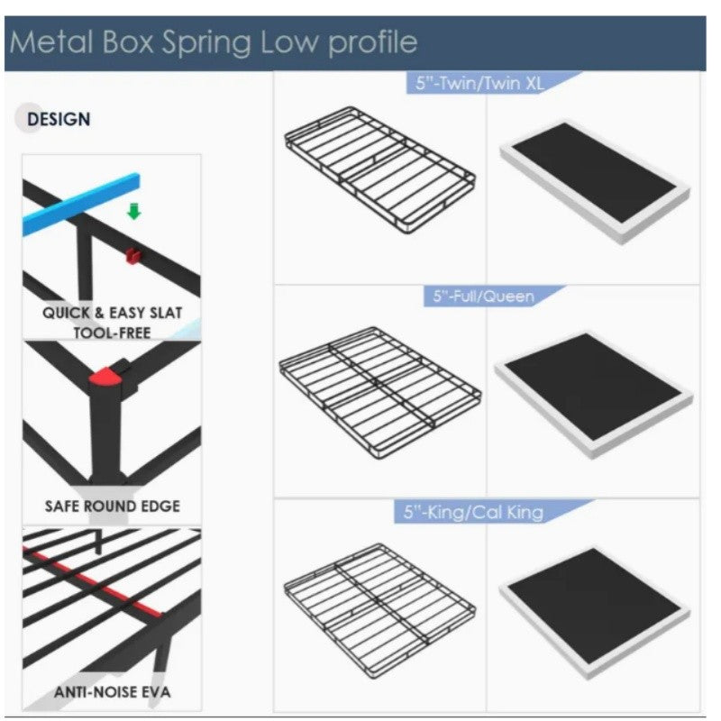Box Spring Foundation | 5", 7.5" & 9" High Profile Strong Metal Frame, Quiet Noise-Free, Easy Assembly – Twin, Full, Queen, King