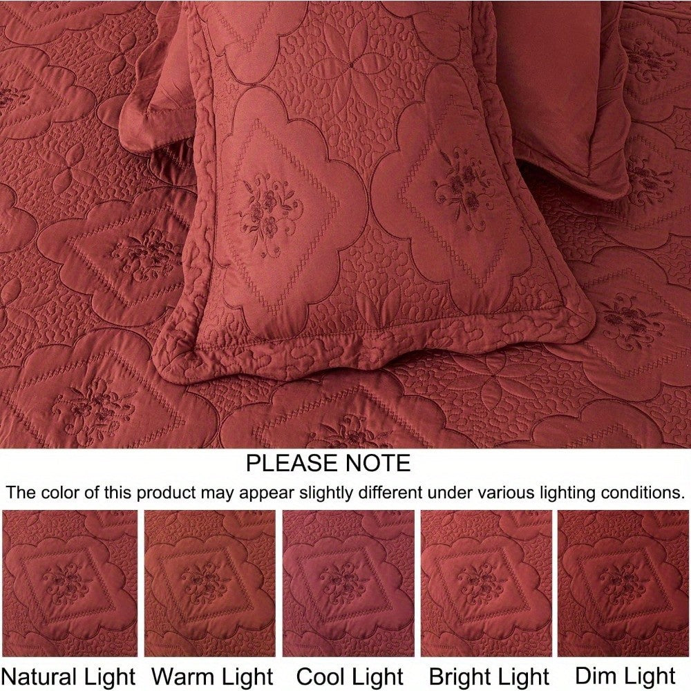 Quilted Embroidered Bedspread Set 3 Pcs – Floral Embroidery, 100% Polyester, Wrinkle-Resistant Lightweight Coverlet for Queen & King Bedroom Decor, 16 Colors