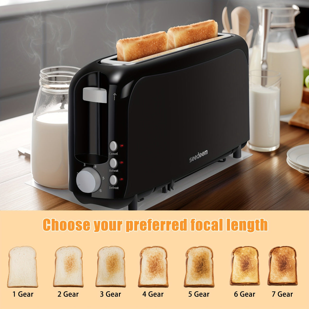 2-Slice Slim Toaster – 6 Shade Settings, Cancel Reheat & Defrost, 10" Long Slot, Auto Shut-Off, Removable Crumb Tray | 5 Colors