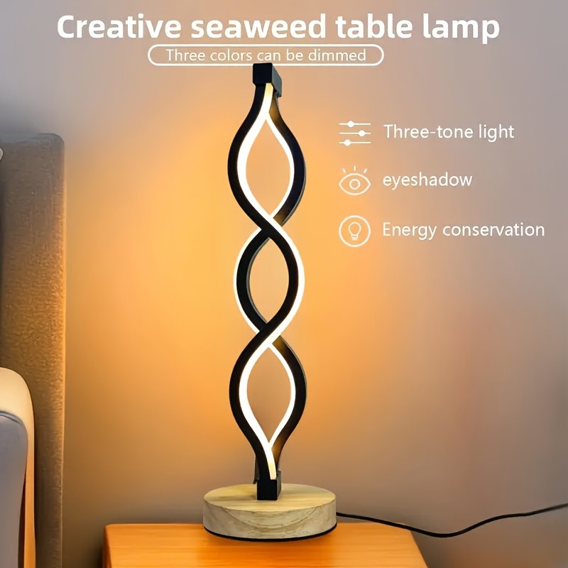 Spiral LED Table Lamp Dimmable 3-Color Modern Minimalist Bedside Lamp - Creative Wave Design Desk Lamp with Metal Base & USB Charging, Small Night Lamp for Bedroom, Living Room, Office & Study