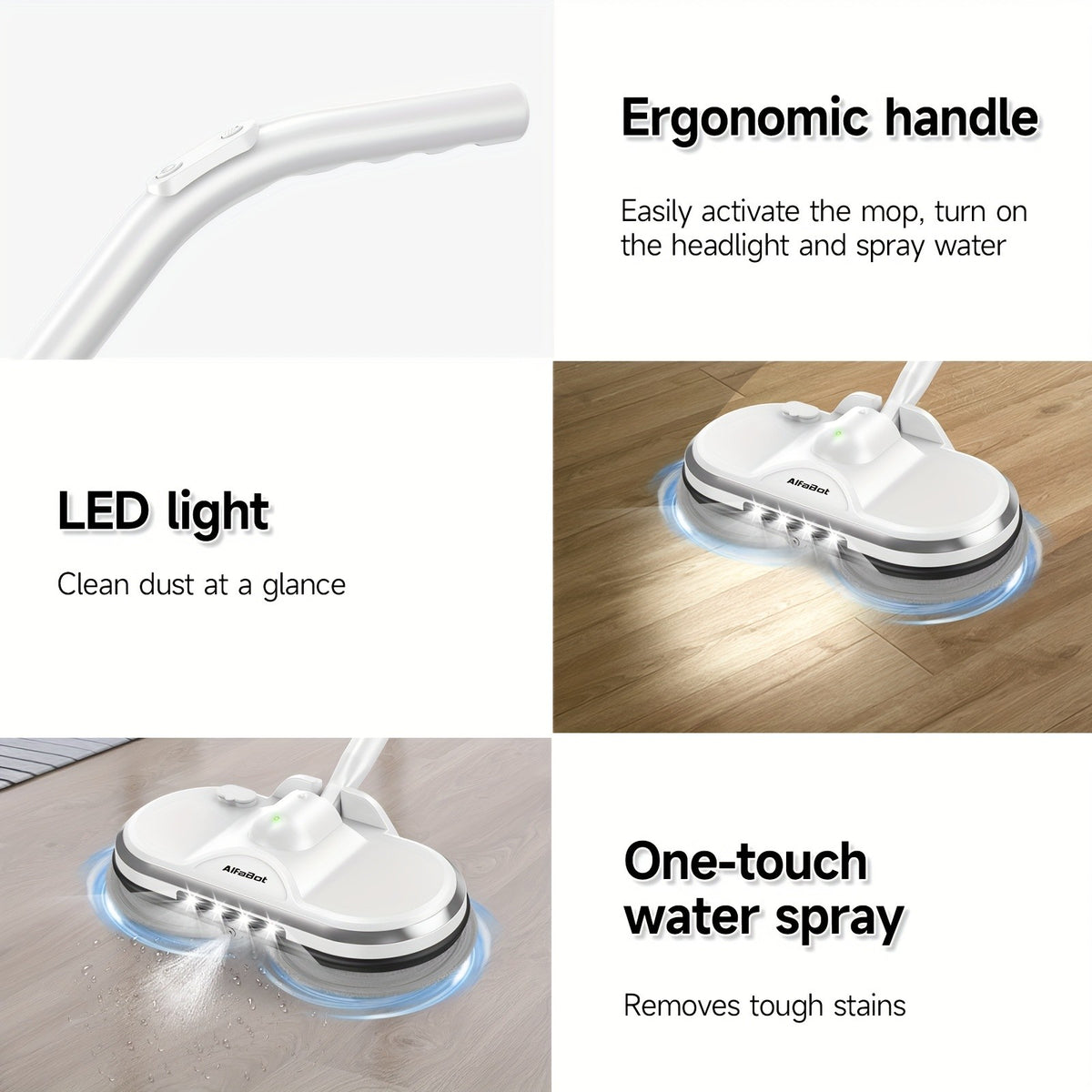Electric Cordless Spin Mop Dual Motor 150RPM with LED Headlight Water Spray Tank Floor Cleaner for Hardwood Tile Marble Quiet Rechargeable Waxing Scrubber