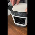 Fan Humidifier Combo USB Desk Mist Fan with Colorful LED Mood Lights Soundwave Technology 3-Speed Quiet Cooling Large Ice Box Carrying Handle Home Office Bedroom Gift