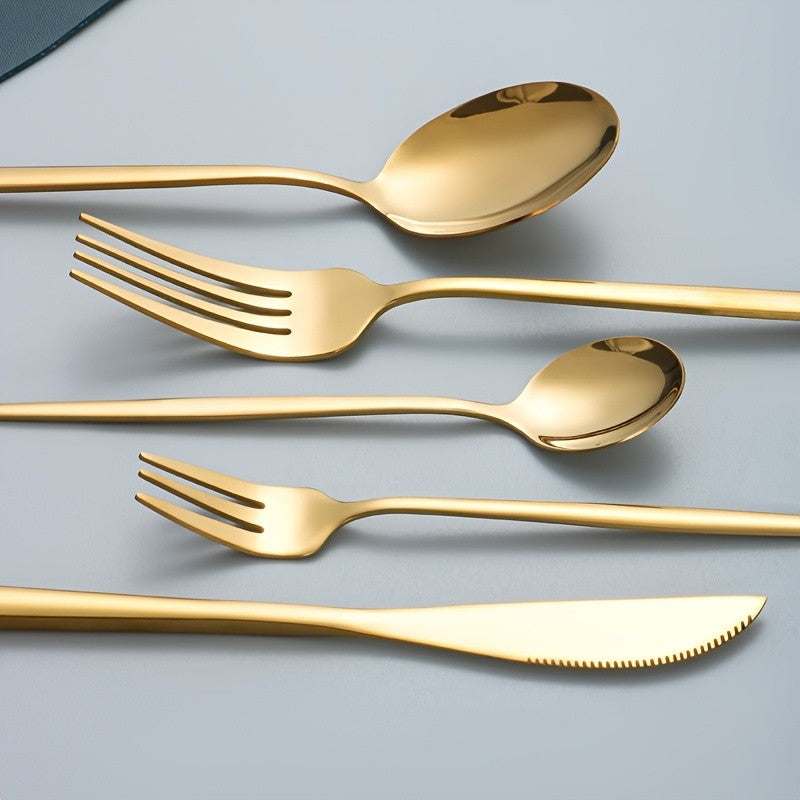Elegant Golden Stainless Steel Cutlery Set 5-Piece – Knife, Fork, Soup Spoon & Dessert Spoon, Dishwasher Safe, for Home, Restaurant, Wedding & Celebrations