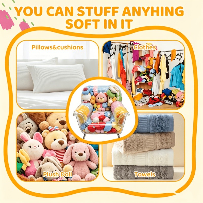 Stuffed Animal Storage Bean Bag Chair – Transparent PVC Plush Toy Organizer Sofa for Kids Room & Playroom, Large Capacity Doll Storage, Easy to Clean, Available in Round Bag & Sofa Styles