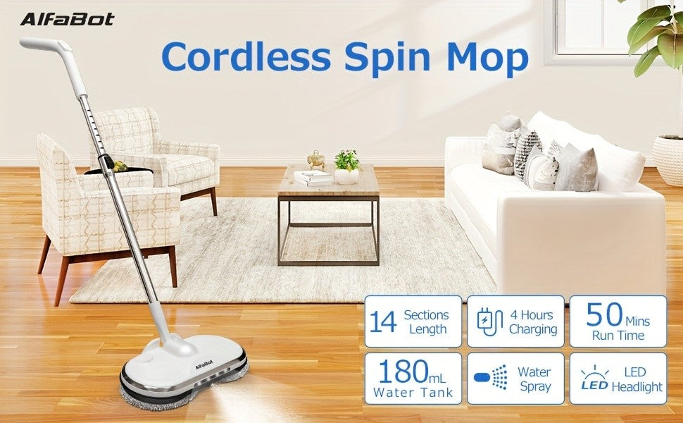 Electric Cordless Spin Mop Dual Motor 150RPM with LED Headlight Water Spray Tank Floor Cleaner for Hardwood Tile Marble Quiet Rechargeable Waxing Scrubber